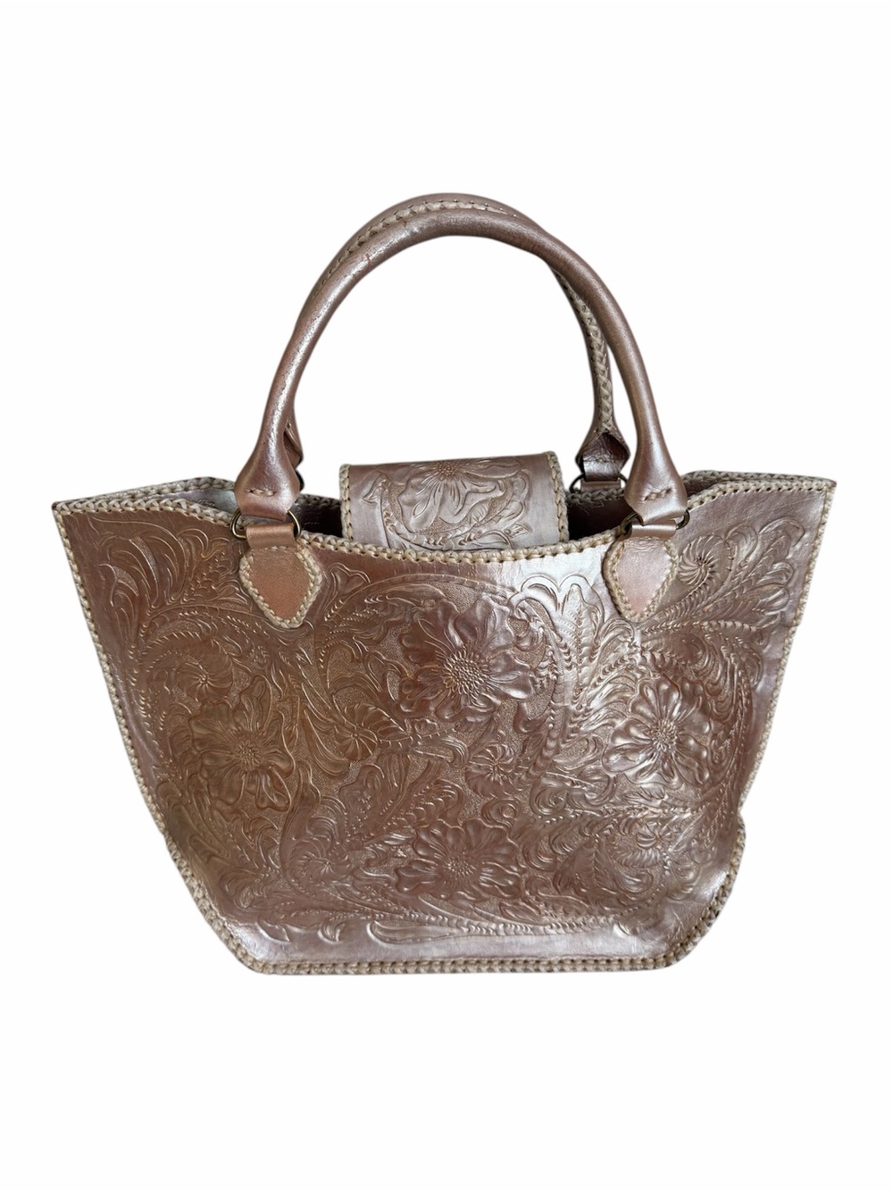 Vintage Pink Metallic Hand Tooled Leather Tote Handbag